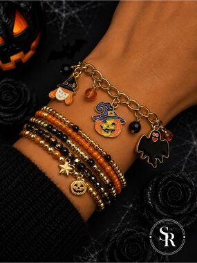 Halloween Witch Ghost Pumpkin Charm Bracelet Gold Tone Enamel NWT